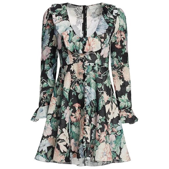 Zimmermann Dresses & Skirts - Zimmermann - Black Floral Linen Plunge Dress - sz 4